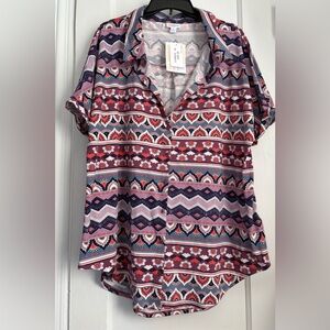 NWT LuLa Roe Charlie Paige XL Boho Geometric Button Front Blouse Short Sleeve